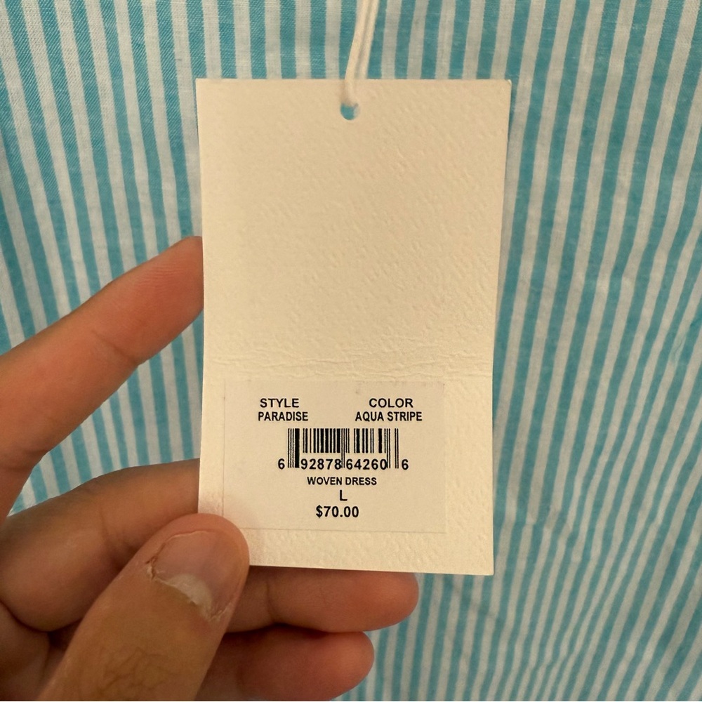 NWT- MSRP $70 Organic Cotton & Linen Paradise Aqua Stripe LARelaxed Shirt Dress - Picture 7 of 10